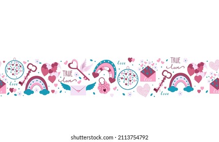 Seamless border of valentine's day symbols on white background. Valentines day flat icons in pink colors. Symbols of love - heart, arrow, valentine, gift, flower, key, lock, message, rainbow, potion.