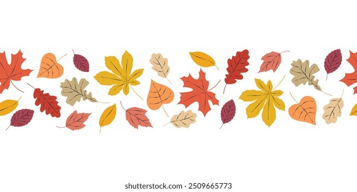 Seamless border with various autumn leaves in different colors. Vector illustration in modern flat style.