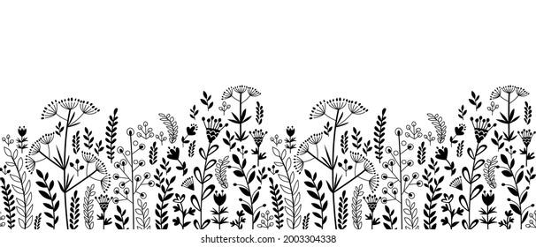 Seamless border with various plants, herbs and flowers. Doodle style. Only black.     