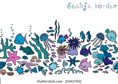 Seamless border of various sea life. Bright multicolored exotic fishes, jellyfishes, starfishes, hippocampus, crabs, shells, stones and algae. Vector illustration on white background