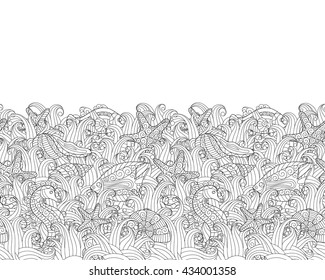 Seamless border of various sea life. Coloring book page. Exotic fishes, sea horse, starfishes, shells between seaweed. Vector illustration on white background. Doodle.
