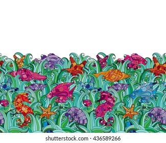 Seamless border of various sea life. Bright multicolored exotic fishes, sea horse, starfishes, shells between seaweed. Vector illustration on white background. Doodle.