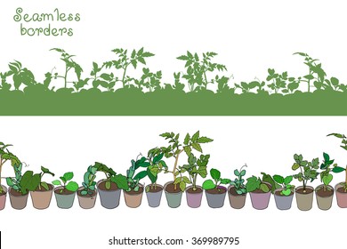 Seamless border with various seedlings and potted plants. Green seamless silhouettes of various seedlings and garden plants. Vector design.