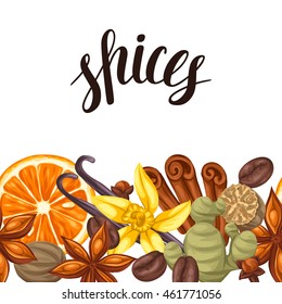 Seamless border with various spices. Illustration of anise, cloves, vanilla, ginger and cinnamon.