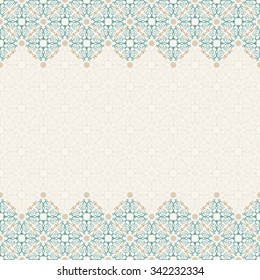 Seamless border vector ornate in Eastern style. Vintage elements for design, place for text. Ornament pattern for wedding invitations birthday greeting cards. Traditional pastel decor blue and gold