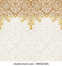 Seamless border vector ornate in Eastern style. Vintage elements for design, place for text. Ornament pattern for wedding invitations birthday greeting cards. Traditional pastel decor white and gold