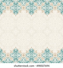Seamless border vector ornate in Eastern style Islam pattern. Vintage design, place for text. Ornament pattern for wedding invitations, birthday, greeting cards. Traditional pastel decor blue and gold