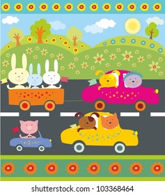 Seamless border vector pattern with cartoon animals  - hedgehog, fox,dog -"Birthday travel"