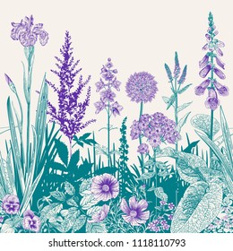 Seamless border. Vector vintage illustration. Emerald and violet color