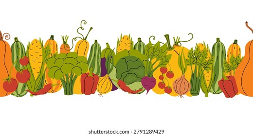 Seamless border with vegetables. Repeating pattern frame. Vector illustration for recipe card, farmers market, organic food pack