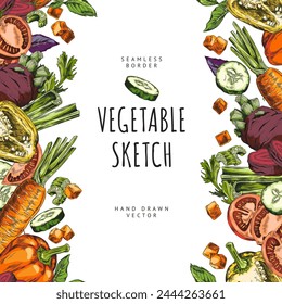 Seamless border with a vibrant array of hand-drawn vegetables in a full-color vector illustration, perfect for food-related design.