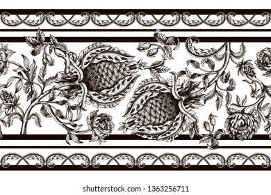 Seamless border with vintage baroque flowers. 