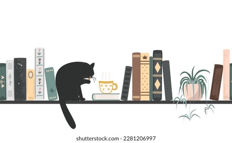 Seamless border of vintage books, hot drink mug, cat, and spider plant. Standing books composition isolated on white background. Home library. Vector illustration.