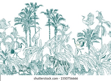 Seamless Border Vintage Lithograph Sketch Drawing Wildlife Leopard, Tiger Animal, Crane Birds in Palm Trees with Banana Leaves Jungle Rainforest Etching Hand Drawn Window Design