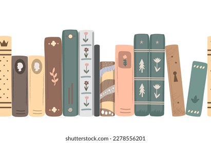 Seamless border of vintage novel and fairy tales books. Standing books composition isolated on white background. Home library. Vector illustration.