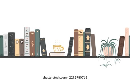 Seamless border of vintage novel and fairy tales books. Standing books composition isolated on white background. Home library. Vector illustration.