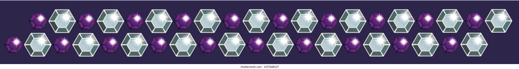 Seamless border of violet and blue shiny rhinestones on a dark violet background. Border - stripe for decoration with precious stones - vector element.