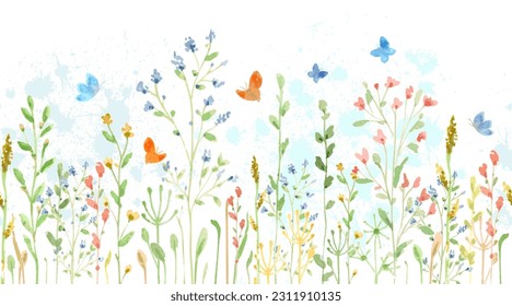 seamless border with watercolor meadow flowers. vector illustration. horizontal texture with growing flowering grass and flying butterflies. sketch of field plants for your design