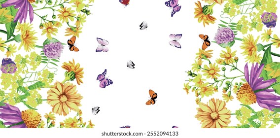 Borde sin fisuras con flores de pradera de acuarela. Ilustración vectorial. textura Horizontal con hierba floreciente en crecimiento y mariposas voladoras. bosquejo de plantas de campo para su diseño
