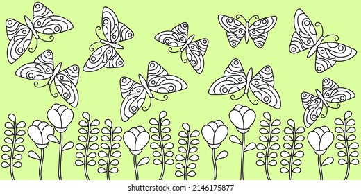 Seamless border. White flowers and butterflies on a light green background. Floral vector background. Seasonal illustrations