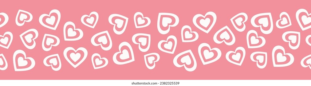 Seamless border of white hearts. Cartoon elements in trendy retro style on pink background. Vector illustration