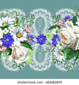 Seamless border with white roses, daisies and lace