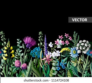 Seamless border of wild flowers.  Vector illustration.