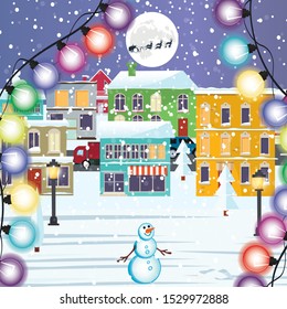 Seamless border with winter cityscape. Snowy night in a cozy city. Winter Christmas Village NIGHT landscape.