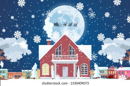 Seamless border with winter cityscape. Snowy night in a cozy city. Winter Christmas Village NIGHT landscape.