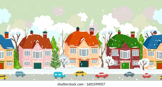 seamless border with winter cute cityscape and falling snow