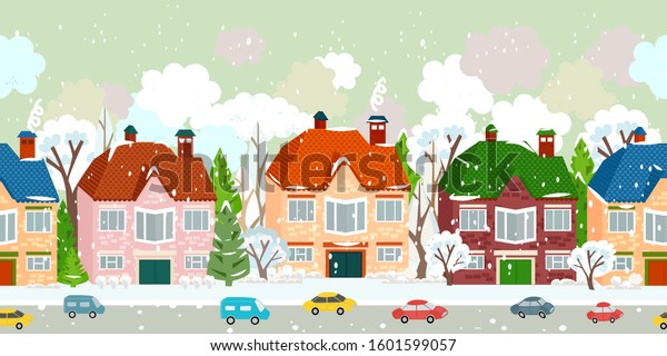 seamless border with winter cute cityscape and\
falling snow