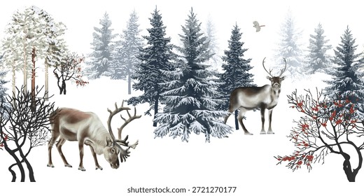 Seamless border. Winter landscape. Forest in the background. Misty landscape, pine, spruce, fir, Red Winterberry plant, deers, bird. Hand drawn, vector.