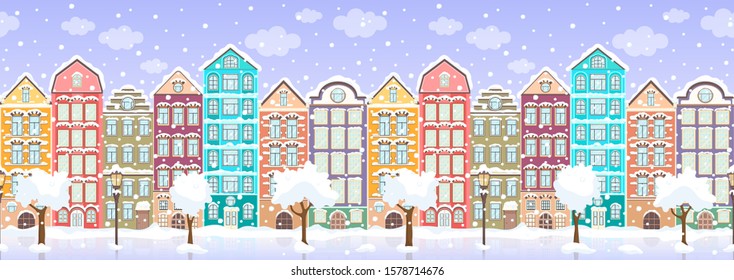 Seamless Border Of Winter Retro Colorful Houses, Trees, Lanterns In Snow, Exterior Urban Landscape, City Background. European Facades In Row, Ice, Snowflakes Fall. Flat Drawing, Vector Illustration