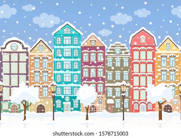 Seamless Border Of Winter Retro Colorful Houses, Trees, Lanterns In Snow, Exterior Urban Landscape, City Background. European Facades In Row, Ice, Snowflakes Fall. Flat Drawing, Vector Illustration