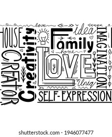 Seamless border witn lettering composition of different words. Human life values. Family, love and inspiration. Creativity and imagination. Vector black and white pattern with decoration