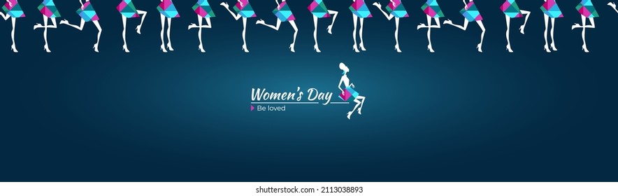 Seamless border, woman's day banner of colorful girl silhouettes in different poses. Set of Women stencils with crystals on blue background. Vector illustration for card, logo, kids fashion, decor.