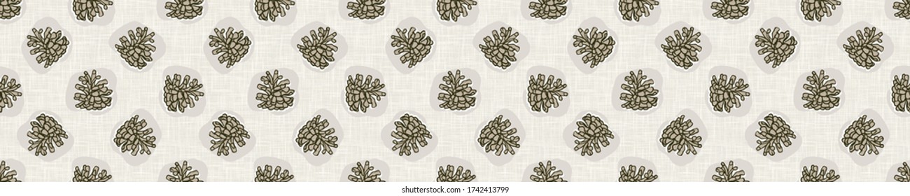 Seamless border, Woodland pine cone vector pattern. Hand drawn rustic earthy ribbon trim texture. Nordic forest tree seed banner background.  