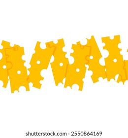 Seamless border of yellow cheese pieces with holes