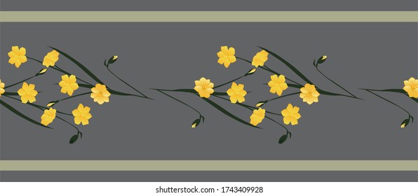 Seamless border with yellow flowers, buds and leaves of daffodils on a gray background.