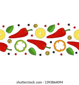 seamless border. yellow lemons, red chilli peppers and leaves. endless ornament. hand drawn. horisontal. vector illustration.