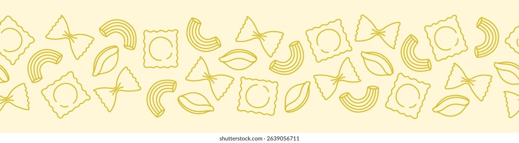 Seamless border with yellow outline pasta on beige background. Doodle drawing for banner, flyer, card, menu design. Vector illustration