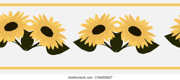 Seamless border with yellow sunflowers and green leaves on a blue background with yellow lines