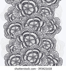 Seamless border with  Zen doodle or  Zen tangle flowers texture black on white for coloring page or relax coloring book or wallpaper or for decorate package clothes  or different things