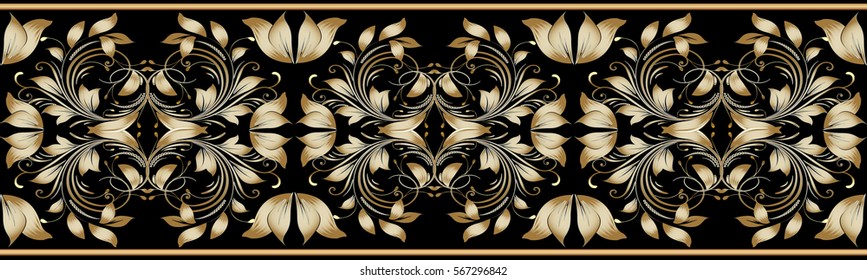 Seamless border.Damask pattern background wallpaper illustration with vintage antique 3d  gold flowers,leaves and medieval  ornaments in Baroque and Victorian style.Vector hand drawn fabric texture.