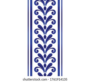 seamless borders, abstract floral ornament Chinese and India style, Imitation of porcelain painting, blue and white ceramic decorative line design, indigo element, vector illustration