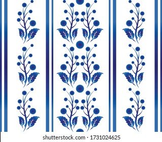 seamless borders, abstract ornament russian and Chinese style, Imitation of porcelain painting with floral, blue and white ceramic decorative line design, indigo element, vector illustration