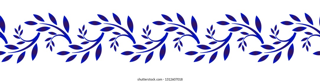 seamless borders abstract ornament style, Imitation of porcelain painting, blue and white ceramic decorative line art design with leaves, vector illustration