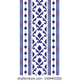 seamless borders, abstract ornament Thailand and India style, Imitation of porcelain painting, blue and white ceramic decorative line design, indigo element, vector illustration