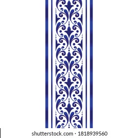 seamless borders, abstract ornament Thailand and India style, Imitation of porcelain painting, blue and white ceramic decorative line design, indigo element, vector illustration