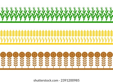 Seamless borders with agriculture fields, farm lands symbols. Concept of countryside, plants on plantation. Vector cartoon color silhouettes of wheat, sunflowers and corn isolated on white background
